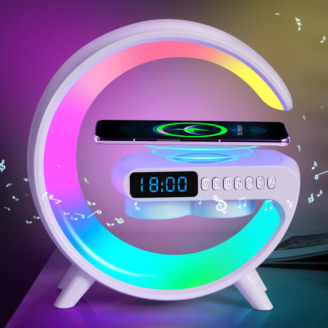 Smart LED Table Lamp,15W Wireless Charging Speaker Alarm Clock for Bedside Lamp,Night Light and Bluetooth Speaker Atmosphere Lamp for Bedroom, Home Decor Ambient Lighting for Christmas s
