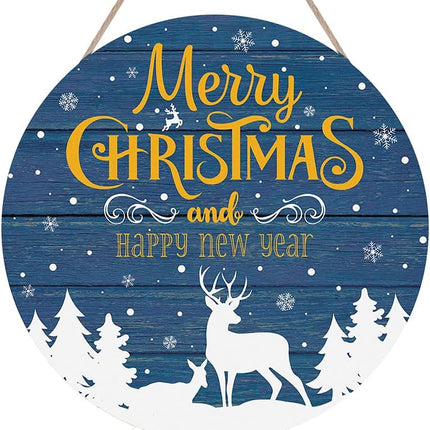 CHDITB Merry Christmas And Happy Year Wood Sign Plaque, Reindeer Snowflake Forest Wooden Wall Art Sign, Rustic Hanging Sign Decor for Living Room Farmhouse Porch Christmas Year's