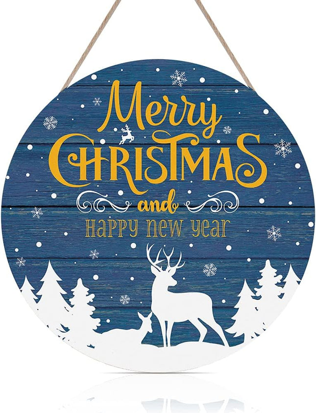 CHDITB Merry Christmas And Happy Year Wood Sign Plaque, Reindeer Snowflake Forest Wooden Wall Art Sign, Rustic Hanging Sign Decor for Living Room Farmhouse Porch Christmas Year's