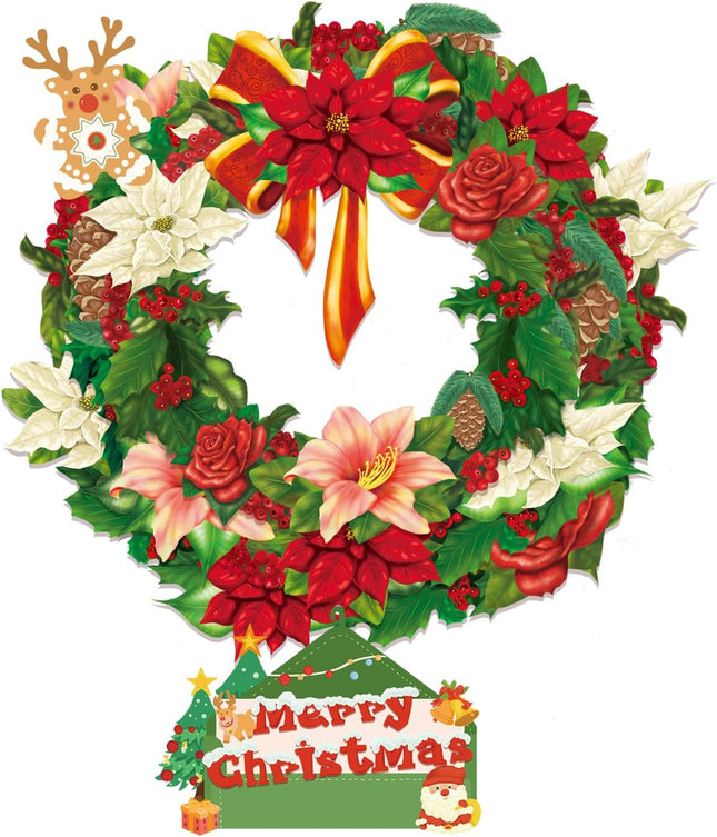 16 inch Airpark Paper Pop Up Christmas Wreath, Cards, Greeting Cards, Flower Cards, 3D Winter Joy Floral Wreath, Life Sized Reusable Christmas Decoration for Xmas Party & Home Decor