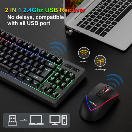 Wireless Gaming Keyboard and Mouse Combo, Long Lasting Rechargeable Battery 87 Keys RGB Rainbow Backlit Gaming Keyboard & Ergonomic Light Up Gaming Mice for Mac Laptop Computer PC Gamer