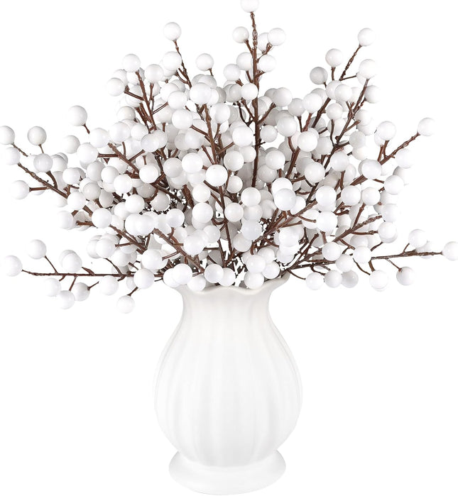 40 Pcs Artificial Berry Stems Branches, Christmas White Faux Holly Berries Picks Ornaments for Christmas Tree Wreath DIY Craft Decorations Holiday Home Decor (40, White)