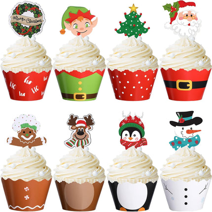 96 Pieces Christmas Party Decorations Christmas Cupcake Topper Wrappers Santa Claus Snowman Reindeer Elf Penguin Christmas Tree Christmas Wreath Gingerbread Hand Cake Party Decorations Supplies