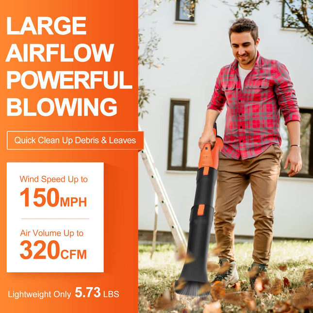 Blütezeit Cordless Leaf Blower, 21V Battery Powered Electric Leaf Blower 320CFM 150MPH (4.0Ah Battery & Charger Included), 6 Variable Speeds, Lightweight for Lawn Care, Snow, Yard, Debris and Dust