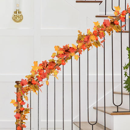 Fall Decor-6Ft Fall Garland Maple Leaf Garland Pumpkin Berry Fall Leaf Garland Decoration for Thanksgiving Halloween and Christmas, Indoor & Outdoor Mantle, Table, Fireplace