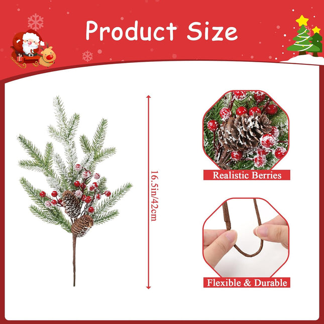 SHACOS 6pcs 16" Pine Stems Christmas Flocked Pine Branches Red Berries Pine Cone Artifical Pine Branches Snow Frosted Large Greenery Stems for Vases Xmas s Christmas Decoration Holiday Home Decor