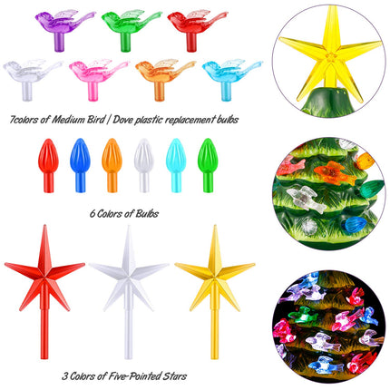 Mudder 206 Pieces Plastic Ceramic Christmas Tree Lights Set, Ceramic Christmas Tree Replacement Lights, Ceramic Christmas Tree Bird Lights and 6 Pieces Stars Replacement Tree Bulb for Christmas Tree