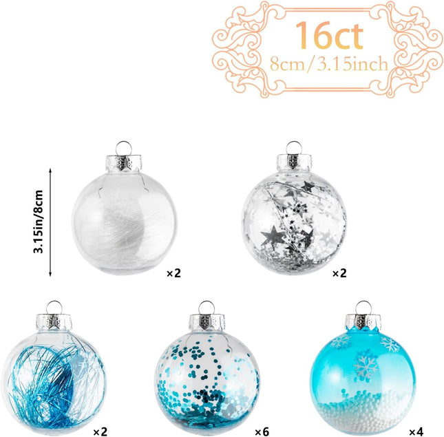 16PCS Light Blue Christmas Balls Ornaments, 3.15'' Shatterproof Clear Christmas Balls with Filler, Christmas Decorative Hanging Ornaments Set for Xmas Tree/Party/Holiday (Light Blue)
