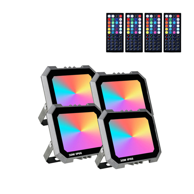 4 Pack RGB LED Flood Light 30W Eqv 300W, Outdoor Flood Lights with 4 Remote, IP66 Waterproof Outdoor Light for Christmas Party Stage Uplight Wall Wash