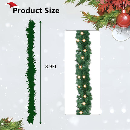 8.9FT Christmas Garland with Lights, Pre-lit Artificial Mantle Garland Christmas, Holiday Decoration for Stairs Railing Fireplaces Indoor Outdoor.