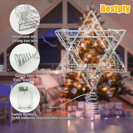 11 Inch Christmas Tree Star Topper 3AA Battery Powered Christmas Tree Topper Lighted, Silver Iron Christmas Tree Star Topper with 20LED Lights, for Christmas, Party & Home(Blue Light