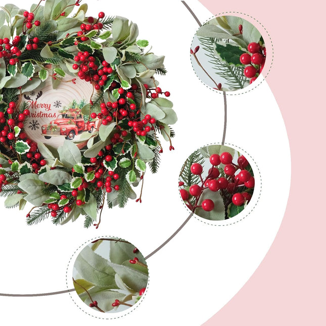 Tempus Artificial Christmas Red Berry Wreath, 20 Inch, Holiday Wreath with Wooden Panel, for Front Door, Outdoor, Indoor, Farmhouse Holiday Party, Winter Decorations
