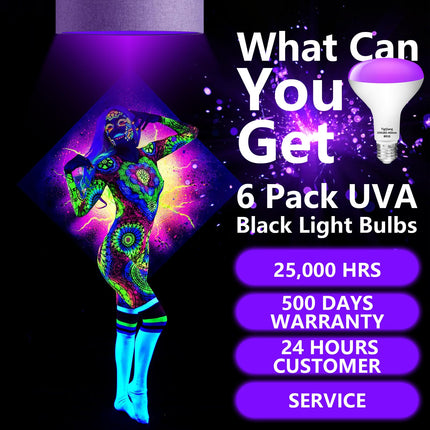 White Casing Black Light Bulbs, Blacklight Bulb 6 Packs, 120W Equivalent, E26 BR30 LED Black Light Bulb 385-400nm for Halloween Christmas Decor, Body Paint, Glow Party, Fluorescent Poster