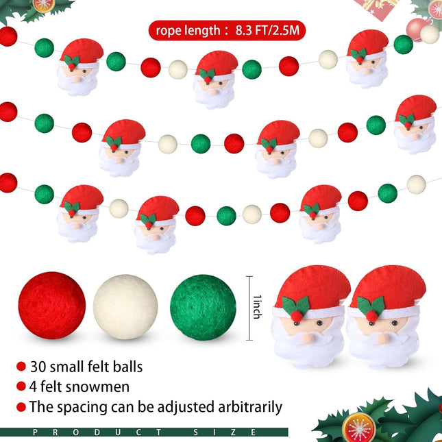 Hosuly Christmas Santa Claus Felt Ball Garland 8.3 ft Pom Pom Garland Red White Green Pompom Banner Pom Pom Hanging Decorations for Christmas Tree Home Fireplace Window Indoor Outdoor