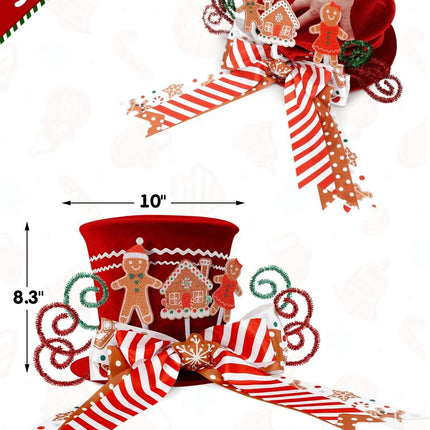 CiyvoLyeen Gingerbread Christmas Tree Topper, Red Top Hat with Candy Cane Gingerbread House Cookies Ornament Bows, Winter Holidays Xmas Tree Home Decoration, 3D Wreath Attachment Festive Ideas