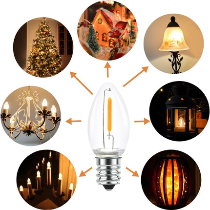 25 Pack C7 LED String Light Replacement Bulbs, 0.6W Warm White 2200K, E12 Candelabra Base, Waterproof Clear Night Light Bulbs for Christmas Lights Outdoor Indoor Party Garden Wedding Decorations