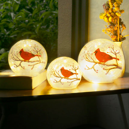 Crackle Glass Ball Cardinal Lamp with Timer, Light Up Red Cardinal Stained Glass Christmas Decor Accent Lamp, Lighted Red Bird Globe Glass Table Lamp, Orb Cardinal Night Light, Led Sphere Desk Lamp