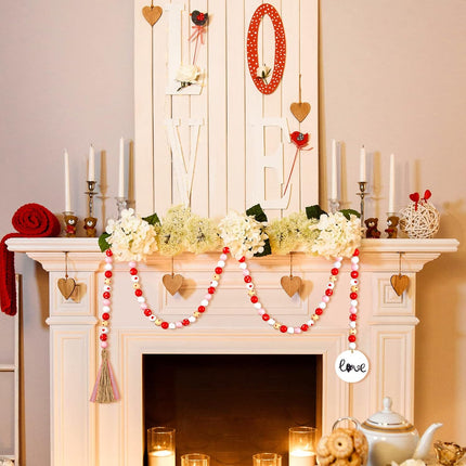 3 Pieces Valentine's Day Wood Bead Garland with Tassel Valentine Tiered Tray Decor 59 inch Rustic Farmhouse Wooden Bead with Jute Rope Wood Beads for Party Valentine's Day Present Home Decors