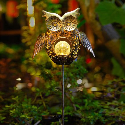 Go2garden Solar Lights Outdoor Owl Decorative Metal Stakes Lights Crackle Glass Light for Lawn, Yard Art, Pathway, Patio Decor,Mothers' Day (Bronze)