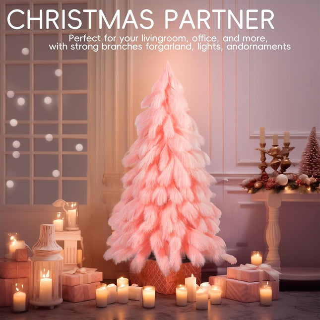 Romantic season Handcrafted 4FT Pink Christmas Tree, Premium Fiber Holiday Xmas Tree Branch Tips & Metal Foldable Stand for Home, Office, Party Decoration