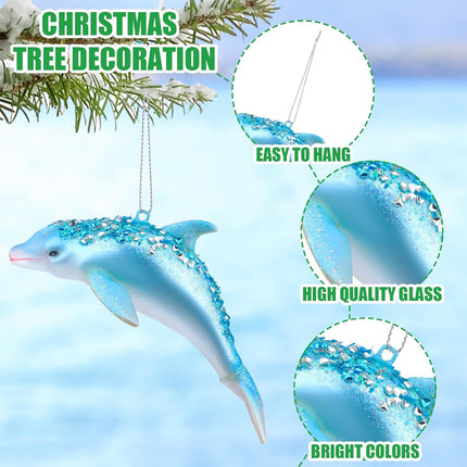 Sliner 4 Pcs Ocean Themed Christmas Tree Decorations Beach Christmas Dolphins Ornaments Glass Hand Blown Xmas Tree Dolphin Hanging Ornament Glitter Blue Dolphin Decor for Christmas Ocean Sea Party
