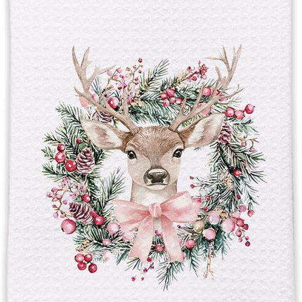 Christmas Wreath Kitchen Towels, Christmas Pink Bow Reindeer Decorative Hand Towels for Bathroom, Christmas Dish Towels Tea Towels for Kitchen, Christmas Kitchen Bathroom Decor, 16x24 Inches