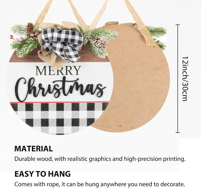 Christmas Wreath Buffalo Plaid Wooden Sign Wall Wwag Decor for Front Door Porch Reef Farmhouse Indoor Outdoor Window Xmas Decorations Clearance (White)