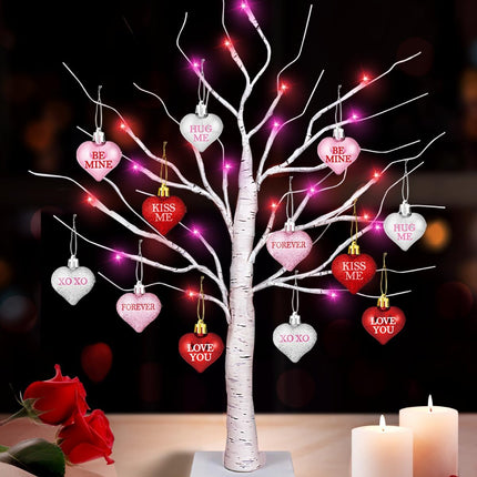 Valentines Day Decorations 24 Inch Lighted Valentines Decor Tree with 12 Heart Ornament, Timer/USB/Battery Operated Valentine's Decoration Tree, Valentines Day Decor for Home Table Bedroom Party