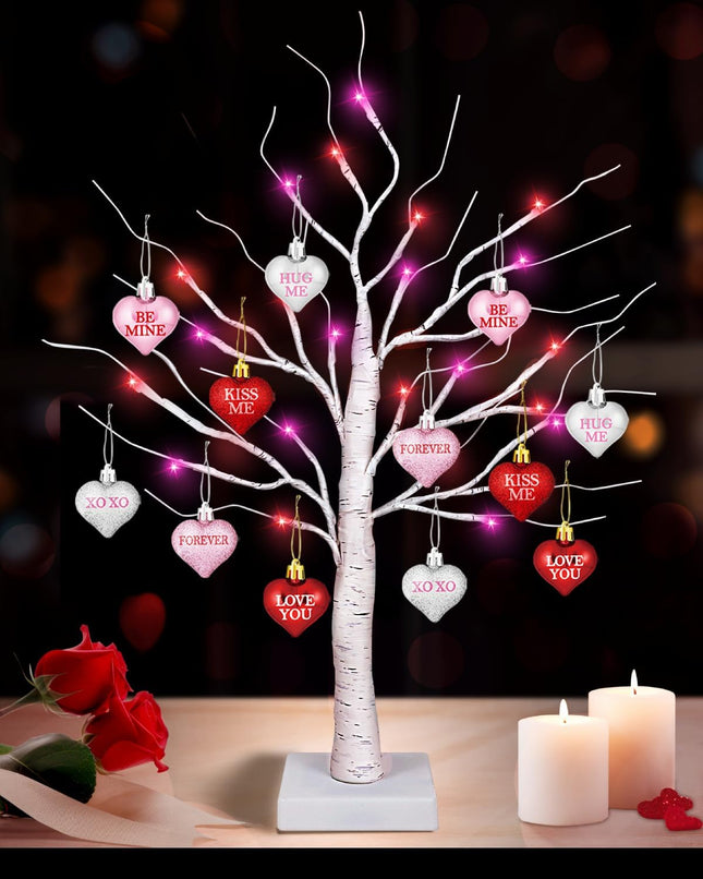 Valentines Day Decorations 24 Inch Lighted Valentines Decor Tree with 12 Heart Ornament, Timer/USB/Battery Operated Valentine's Decoration Tree, Valentines Day Decor for Home Table Bedroom Party