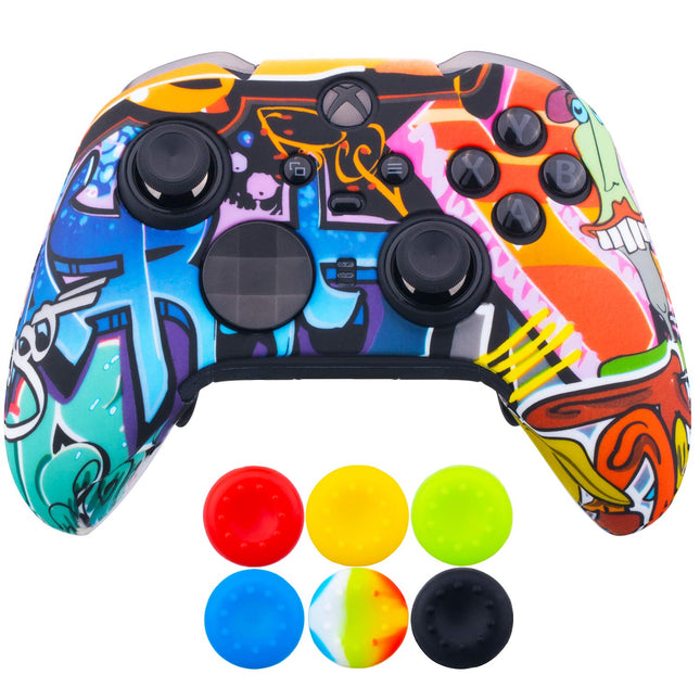 1 x Protective Customize Transfer Print Silicone Cover Skin Cartoon Paints + 6 Thumb Grips Analog Caps for Xbox Elite Series 2 Controller