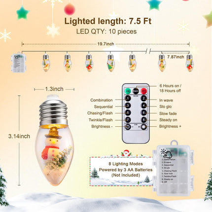 Brightown Christmas Lights Indoor, 7.5Ft Christmas Snow Globe Lights with Tree & Snow & Cute Ornaments,Battery Powered String Lights for Tree Garland Party Christmas Decor