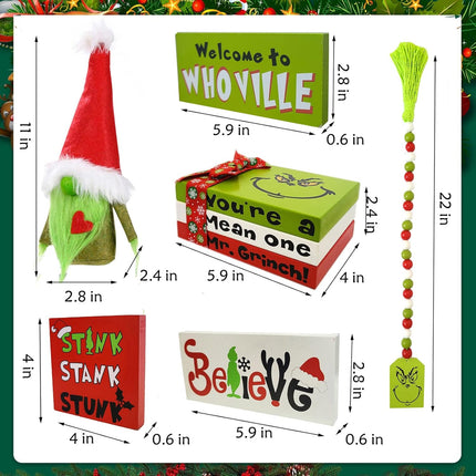 Christmas Tiered Tray Decor Christmas Decorations - Cute Green Gnome Plush Faux Book Stack Wooden Signs Bead Garland - Farmhouse Rustic Xmas Decor for Home Table Party Supplies