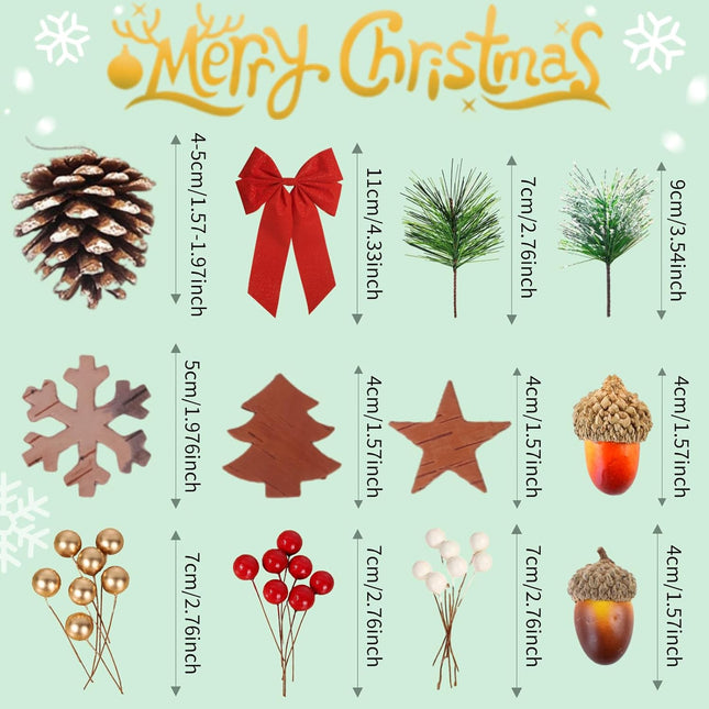 165PCS Christmas Pine Cones Berry Pine Branch Set White Christmas Decorations with Christmas Bows Snowflake for DIY Christmas Tree, Christmas Table Decorations, Wreath Decorations Supplies Christmas