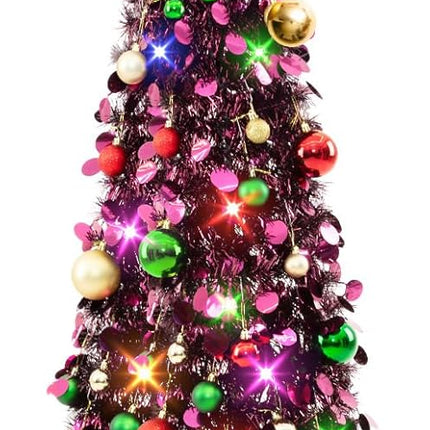 N&T NIETING Pop Up Christmas Tree with Lights & 30 Balls, 5Ft Collapsible Purple Tinsel Christmas Tree Decorations, Pencil Christmas Tree Skinny Christmas Tree for Holiday Xmas Home Office Decor