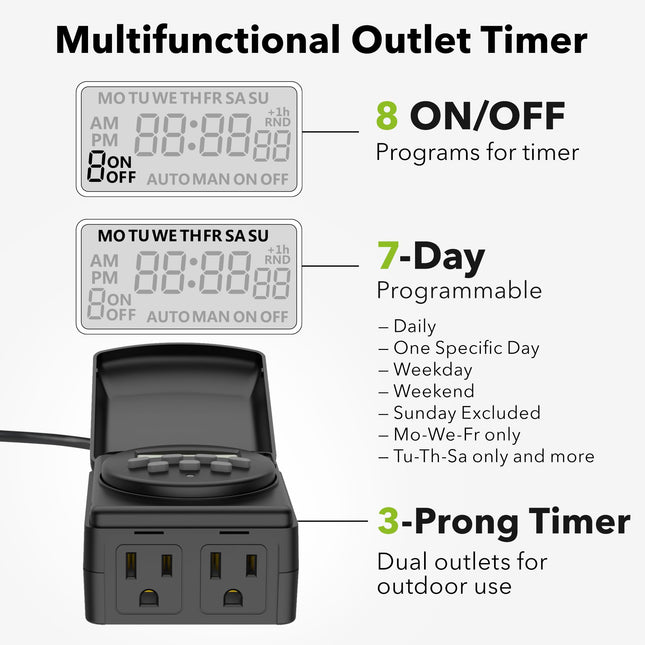 BN-LINK 7 Day Outdoor Heavy Duty Digital Programmable Timer BND/U78, 125VAC, 60Hz, Dual Outlet, Weatherproof, Heavy Duty, Accurate for Lamps Ponds Christmas Lights 1875W 1/2HP ETL Listed