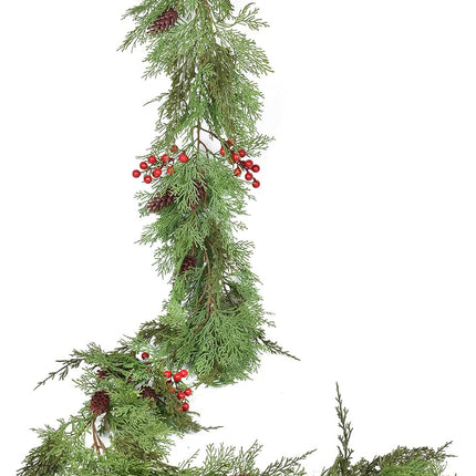 6ft Pine Christmas Garland Decoration, Artificail Pine Leaves Red Berry Garland Christmas with Pine Cones Home Decoration for Winter Holiday Mantel Table Centerpiece (Light Green)