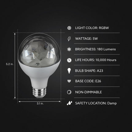 Feit Electric Multicolor Changing Disco Party LED Light Bulb, DISCO1/LED, A19, RGB, RGB Multicolor, 5.3" H x 3.15" D