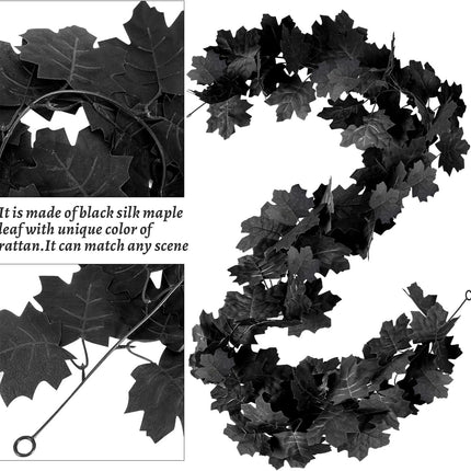 Black Maple Leaf Garland, 2PCS Halloween Artificial Hanging Fall Leave Vines, Fall Floral Garlands Thanksgiving Decor for Home Wedding Party (11.8FT)