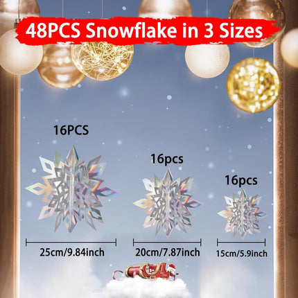 3D Hanging Snowflake Decorations - 48Pcs Large Holographic Snowflakes in 3 Sizes Christmas Tree Hanging Ornaments for Winter Wonderland Decorations Frozen, Snowflakes Birthday Party, Rainbow