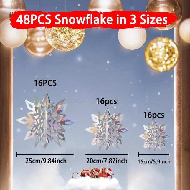 3D Hanging Snowflake Decorations - 48Pcs Large Holographic Snowflakes in 3 Sizes Christmas Tree Hanging Ornaments for Winter Wonderland Decorations Frozen, Snowflakes Birthday Party, Rainbow