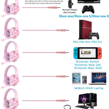 BlueFire Kids Headphones for Online School, Children, Teens, Boys, Girls, 3.5mm Stereo Over-Ear Gaming Headphone with Microphone and Volume Control Compatible with PS4, PS5, New Xbox One（Pink）