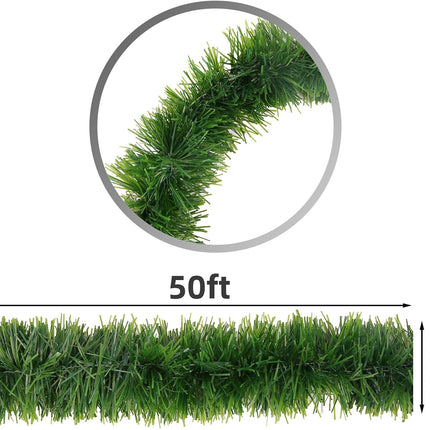 Green Garland Christmas Decorations,50Ft Xams Greenery Tinsel Stems Non-Lit Soft Twist Garland Decor for Tree Stairs Railing Front Door Mantle Fireplace Indoor Outdoor Holiday Home