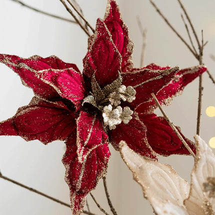 6 pcs Christmas Poinsettia Artificial Glitter Flowers Ornaments Picks 11" for Christmas Tree Wreath Garland Xmas Year Decoration (Light Golden)