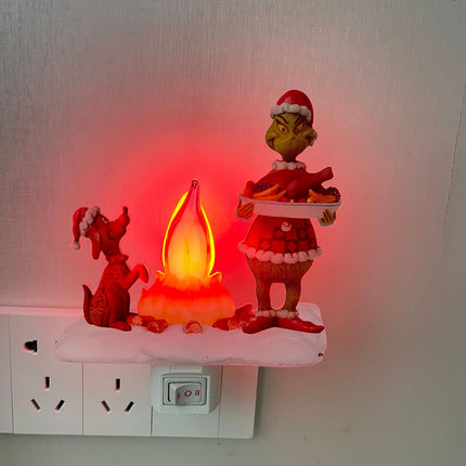 Grinnch Christmas Decorations, Ghost Campfire Flickering Nightlight Grinnch Holding Food Ornaments, Christmas Night Lights Plug into Wall Decorations for Wall Party Bedroom Living Room Hallway
