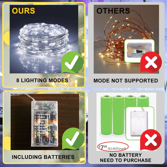 White Fairy Lights Battery Operated (Included), 8 Modes & Auto Timer, 16FT 50Led Mini Twinkle Silver Wire Firefly Starry Lights, Waterproof Battery Operated Lights for Mason Jars Bedroom