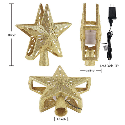 Christmas Star Tree Topper Projector, Lighted 3D Star Tree Top with Rotating LED Snowflake Projection, Glitter Gold Xmas Tree Decoration, Easy Setup for Holiday Home Christmas Party Decor