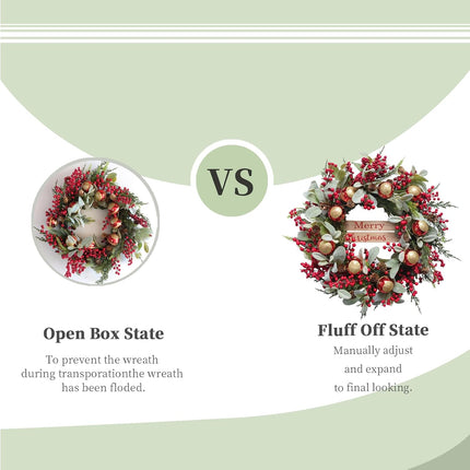 22" Christmas Wreath with Red Berry, Lamb’s Ears Leaves Pine Cone Star bolls, Artificial Winter Wreath G Decoration for Front Door Window Home Wall Farmhouse Holiday Outdoor Indoor Décor
