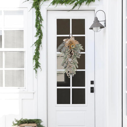 Christmas Teardrop Swags, 20 Inch Artificial Pine Cone Needles Teardrop Wreath with Berries, Ball Ornaments, Poinsettia Swag Garlands for Front Door Window Table Door Decor(Champagne)