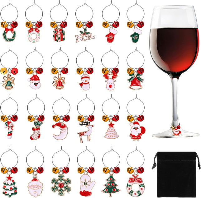 SANNIX 24pcs Christmas Wine Glass Charms Wine Glass Markers Identification Christmas Wine Charms for Stem Glasses Wine Tasting Party Favors Holiday Decorations