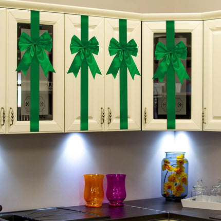 BBTO 6 Pieces Christmas Cabinet Festive Door Ribbons 8X 40 Inches Large Bow Christmas Wreath Bow Christmas Tree Bow Festival Wrapping Decorations for Fireplace Home Door Party Supplies(Green)